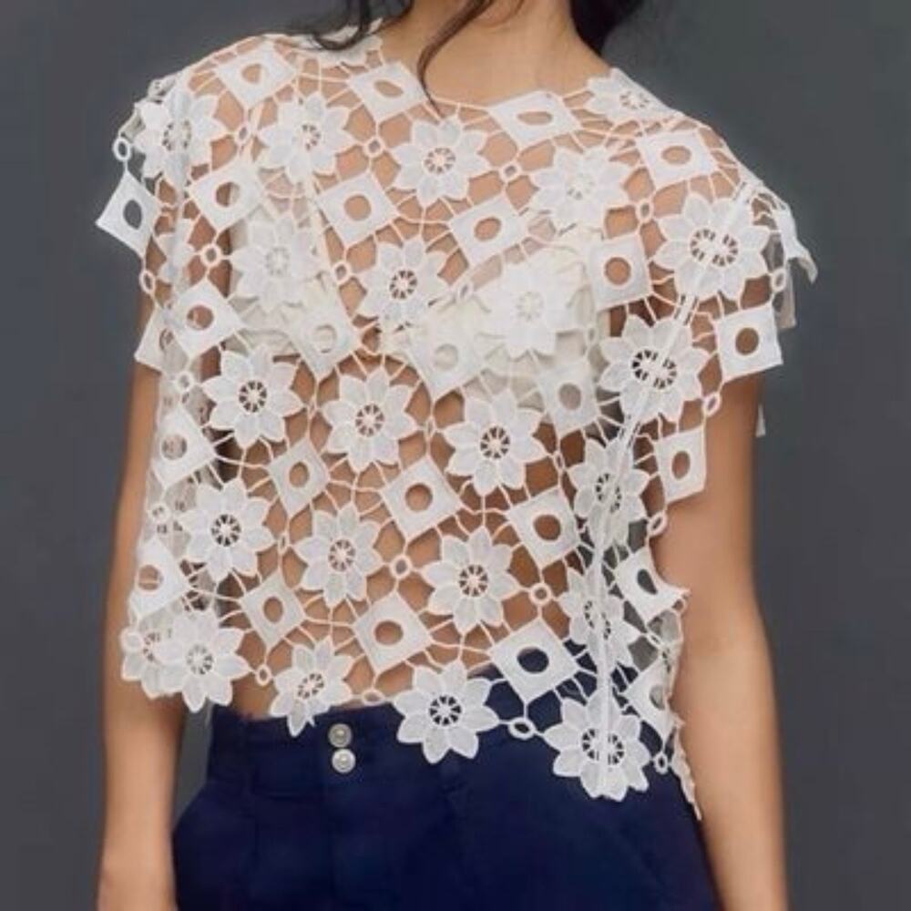 Maeve Anthropologie Floral Crochet Eyelet Shell Top One Size White